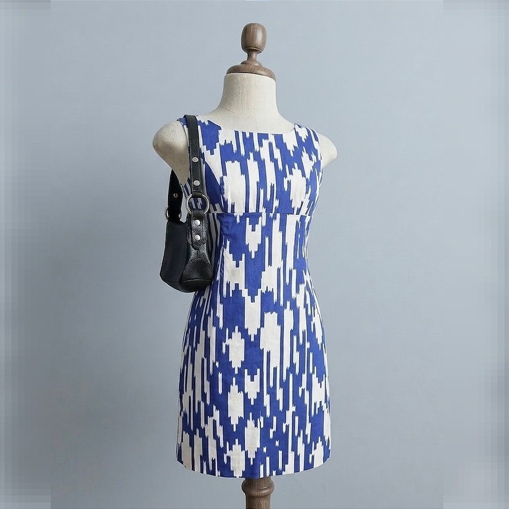 Chadwicks Blue White Ikat Geometric Sleeveless Shift Dress Empire Waist 2P